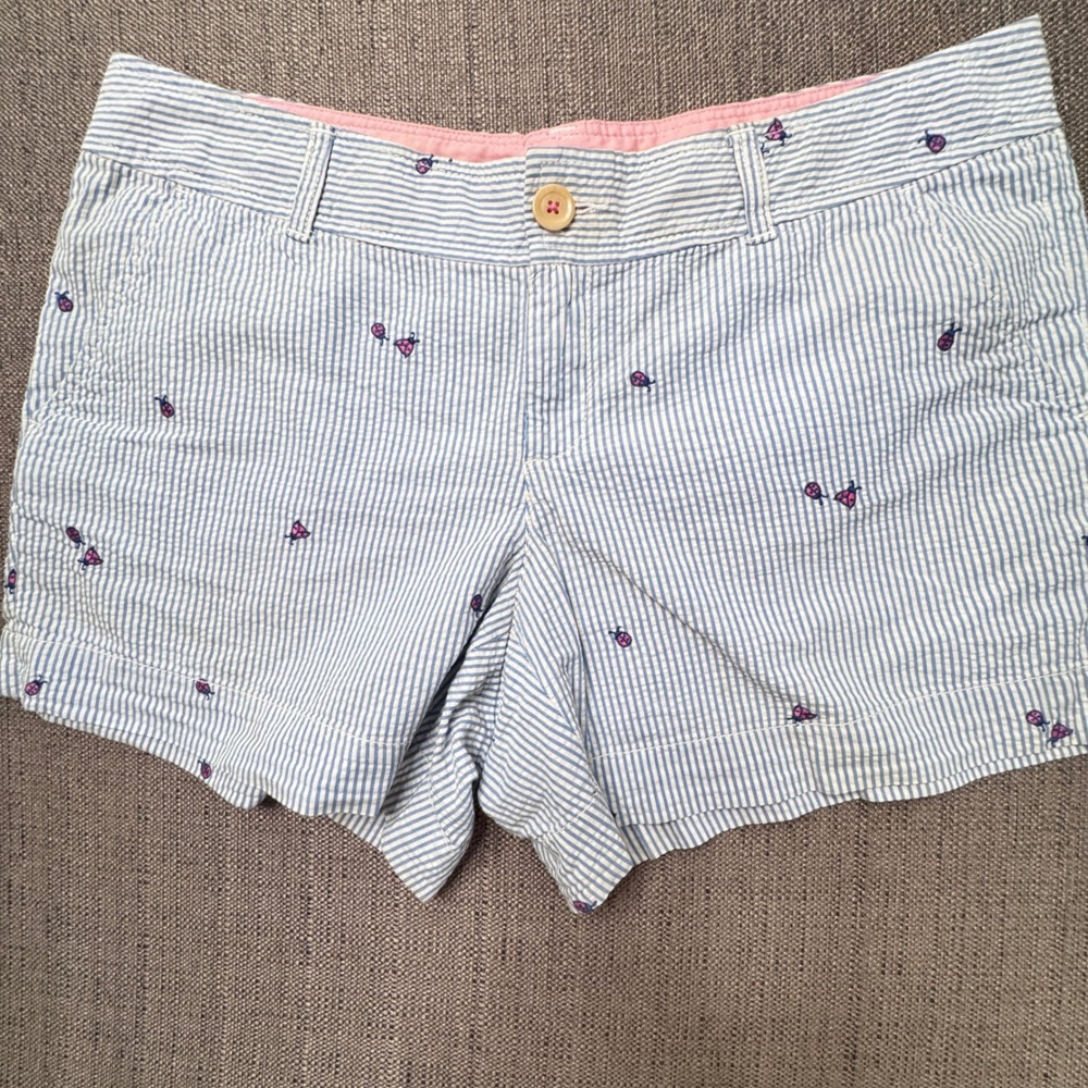 Lilly Pulitzer Callahan Shorts Blue White Seersucker Ladybug Embroidered Size 12